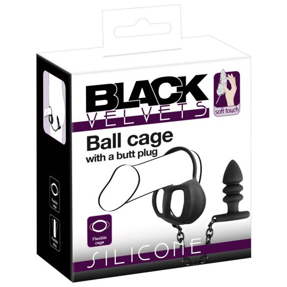 Black Velvet - Silicone Ball Cage with Anal Dildo (Black) 