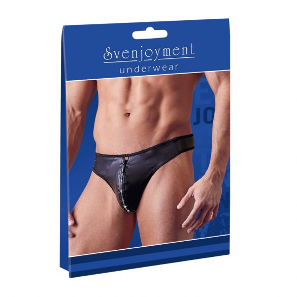 Svenjoyment - Glossy Men's Thong with Rhinestone Zipper (Black)  - L