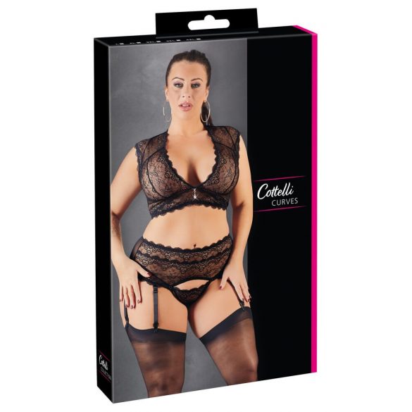 Cottelli Plus Size - Lace Lingerie Set with Rhinestones (Black)  - 2XL