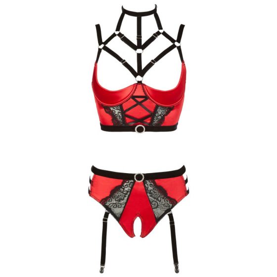 Abierta Fina - sparkly ring and strap bustier set (red and black) - 85B/L