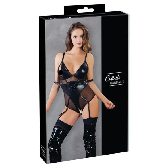 Cottelli Bondage - Shiny Bodysuit with Handcuffs (Black) 