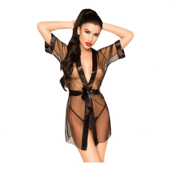 Penthouse Midnight Mirage - Satin Robe and Thong (Black)  - XL